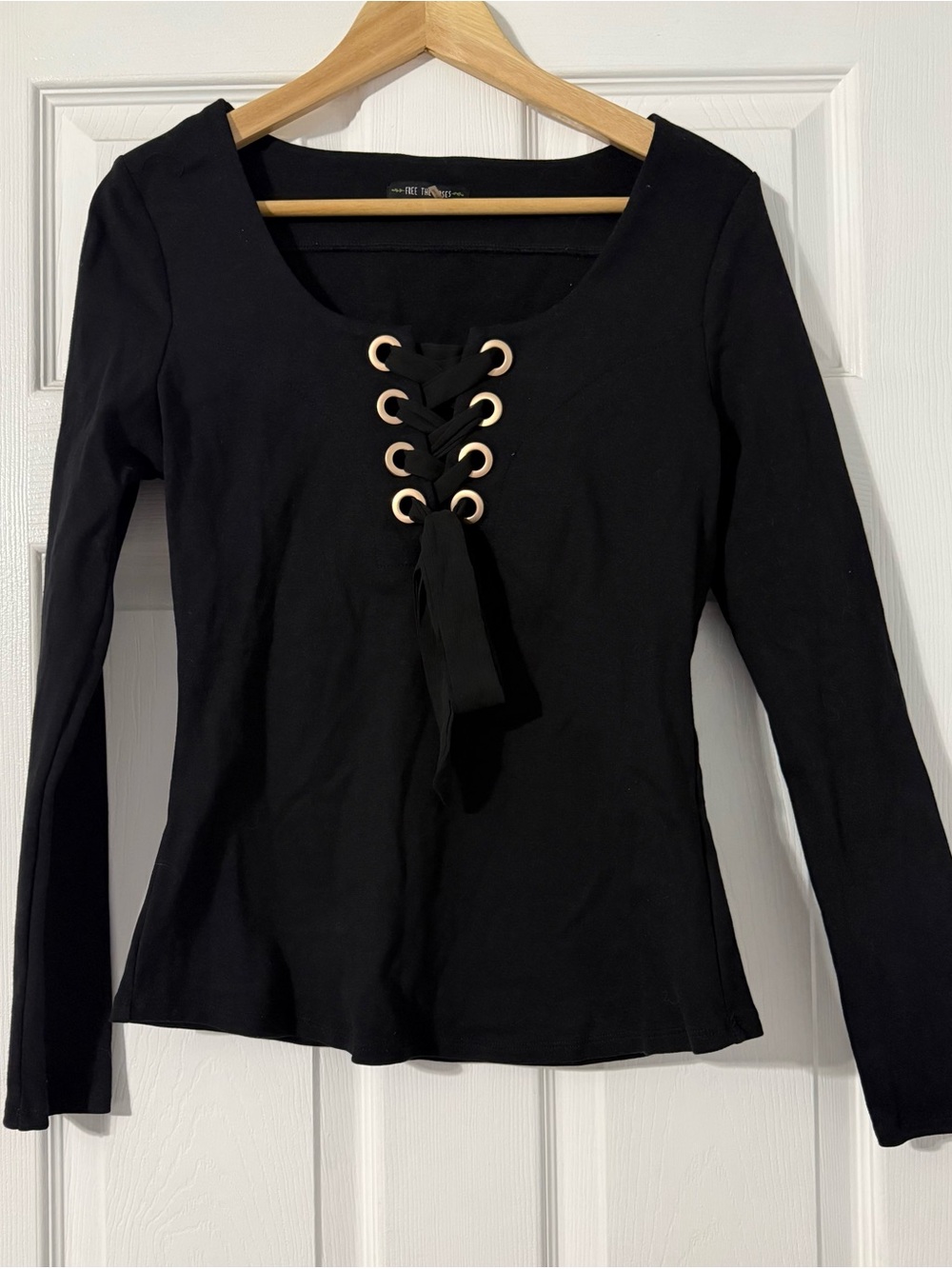 Free the Roses Black Lace-Up Long Sleeve Scoop Neck Top